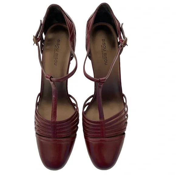🚫SOLD🚫 BISOU BISOU Michelle Bohbot Faye Womens Wine Red Leather Heels Size 9M - Picture 2 of 12